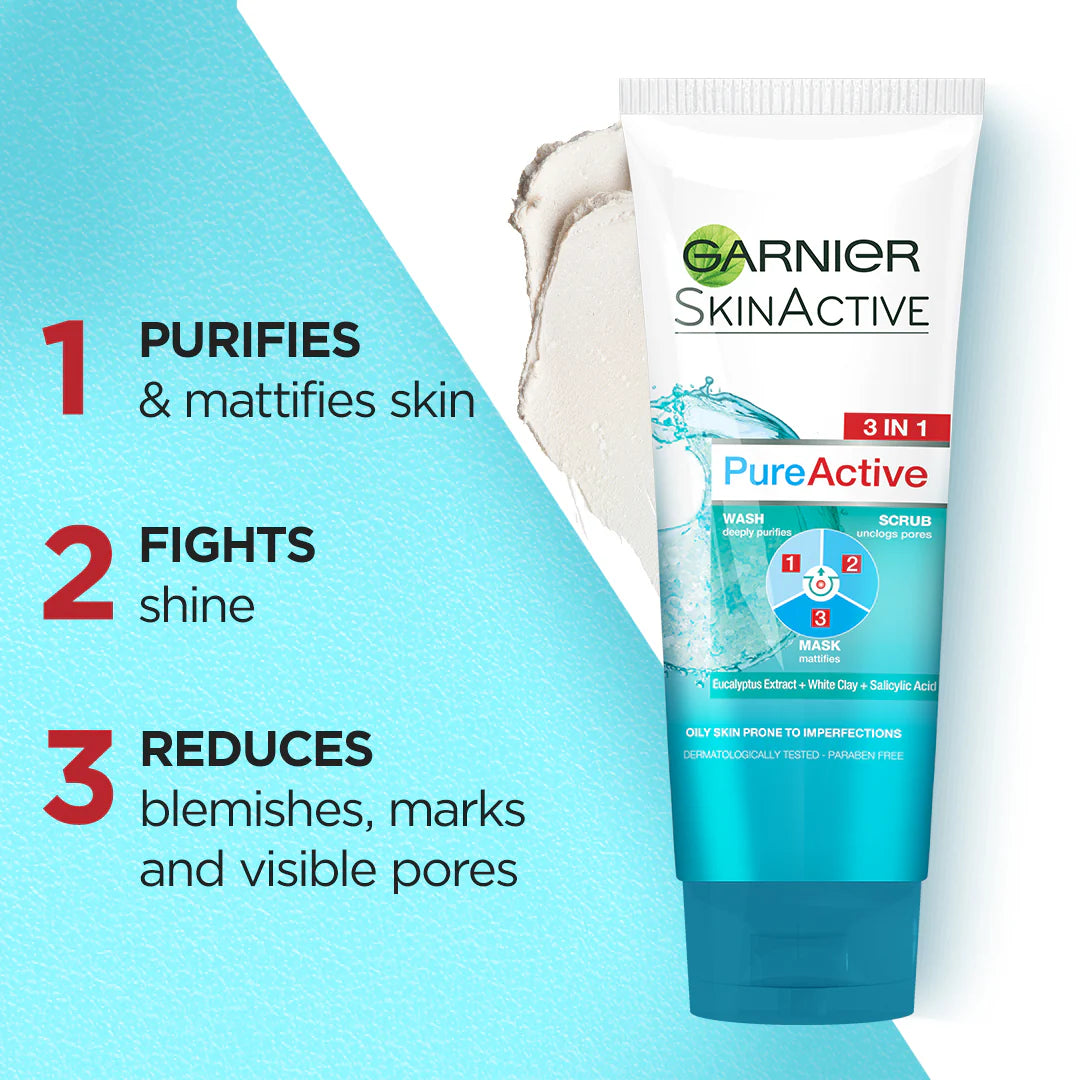Garnier SkinActive Pure Active 3in1 Clay Face Wash/Scrub/Mask