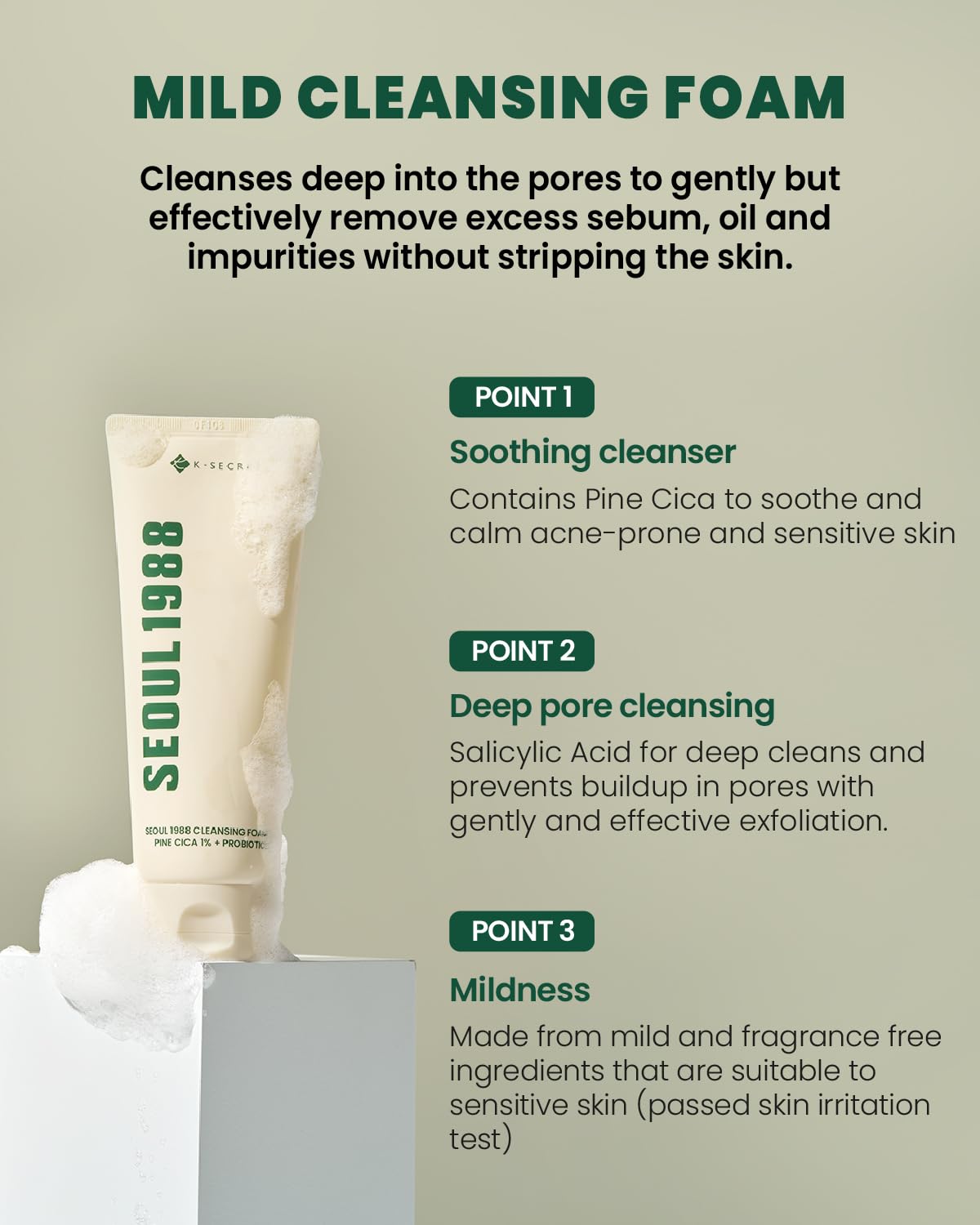 K-Secret Seoul 1988 Pine Cica 1% + Probiotics Cleansing Foam