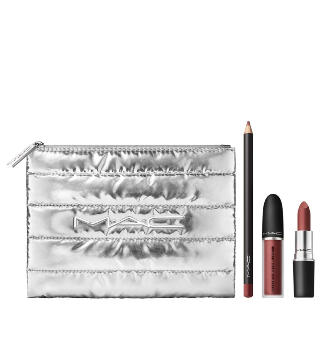 MAC Powdered Snow Powder Kiss Lip Kit Brown Gift Set